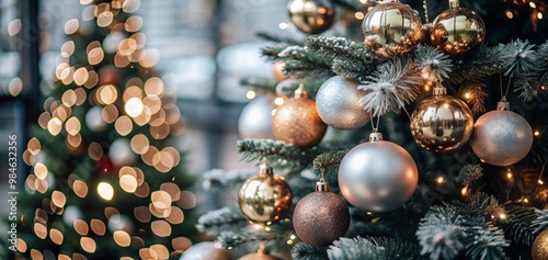 Christmas Tree With Baubles balls And Blurred Shiny Lights ornaments decoration