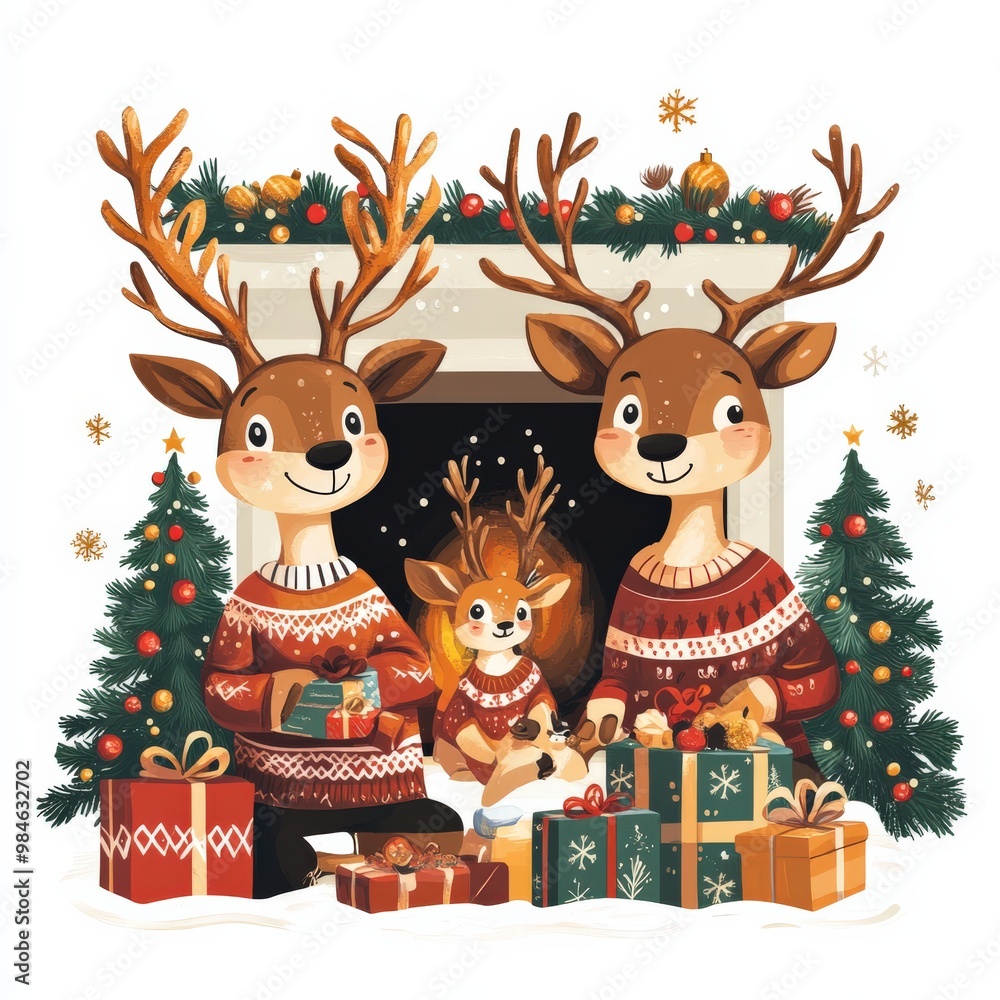 A joyful family of reindeer dressed in festive Christmas sweaters gathers around a fireplace, excitedly unwrapping gifts while celebrating the holiday spirit A joyful family of reindeer dressed in festive Christmas sweaters gathers around a fireplace, excitedly unwrapping gifts while celebrating the holiday spirit