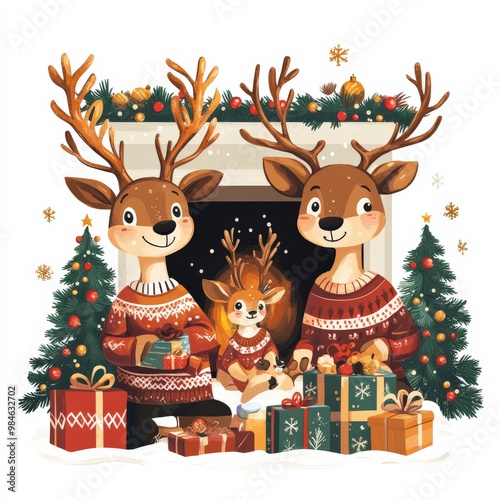 A joyful family of reindeer dressed in festive Christmas sweaters gathers around a fireplace, excitedly unwrapping gifts while celebrating the holiday spirit