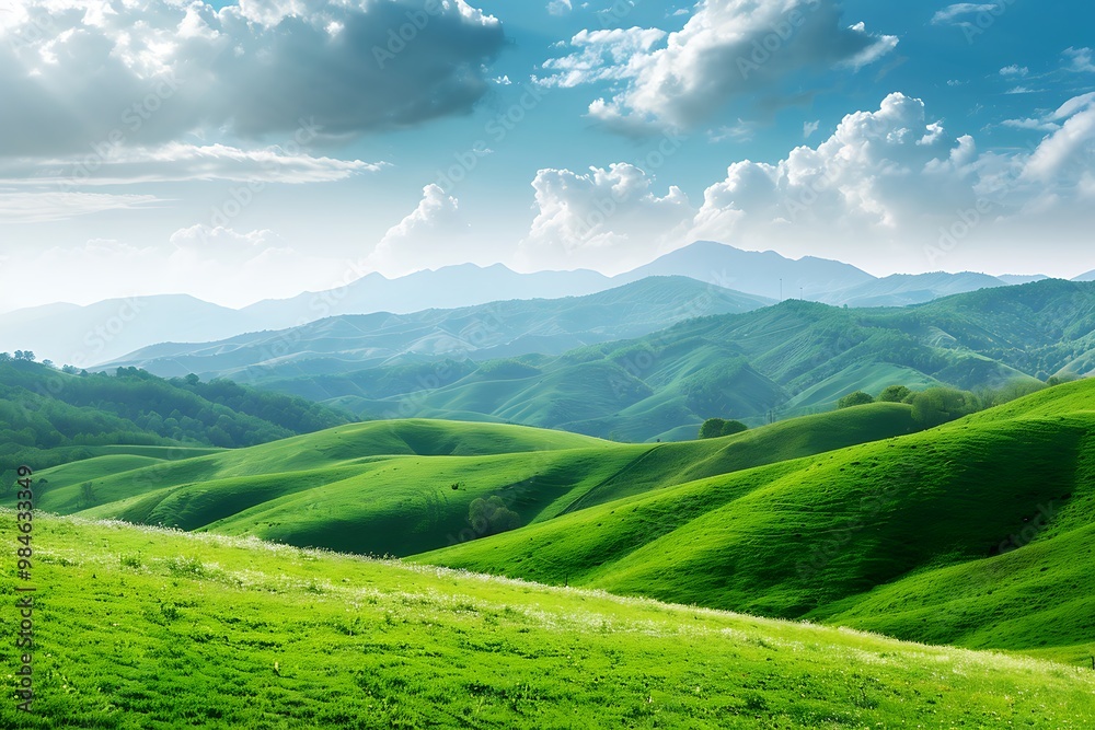 Beautiful summer landscape. grassy meadow on the hillside under blue sky with clouds Beautiful summer landscape. grassy meadow on the hillside under blue sky with clouds