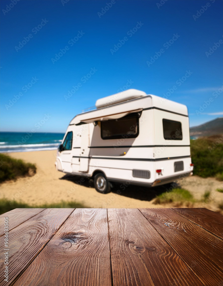 Table background with a wooden board and sunny beach and ocean and a camper van
Table background with a wooden board and sunny beach and ocean and a camper van