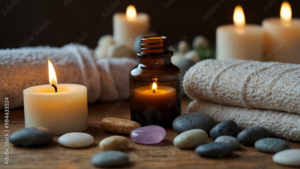 Spa Scene with Essential Oils, Candles, and Stones Spa Scene with Essential Oils, Candles, and Stones