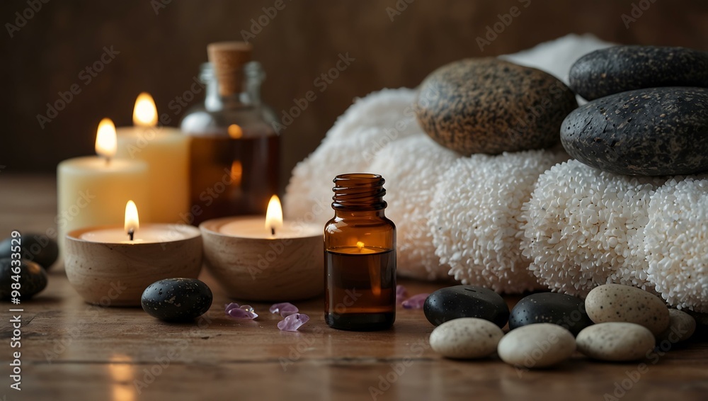 Spa Scene with Essential Oils, Candles, and Stones Spa Scene with Essential Oils, Candles, and Stones