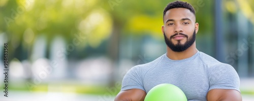 Athletic gymnastic man with gym ball on blur background