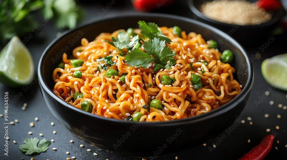 Spicy noodles with peas and cilantro, garnished with sesame seeds and a lime wedge. Spicy noodles with peas and cilantro, garnished with sesame seeds and a lime wedge.