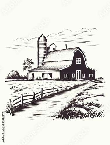 Hand-Drawn Sketch of a Rustic Barn with Silo and a Fence