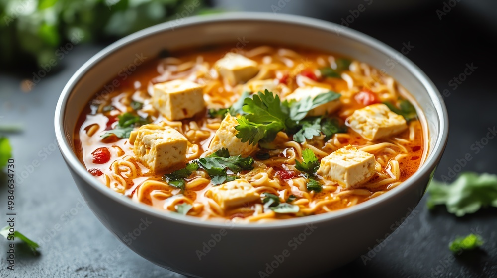 Spicy tofu ramen with fresh cilantro garnish. Spicy tofu ramen with fresh cilantro garnish.