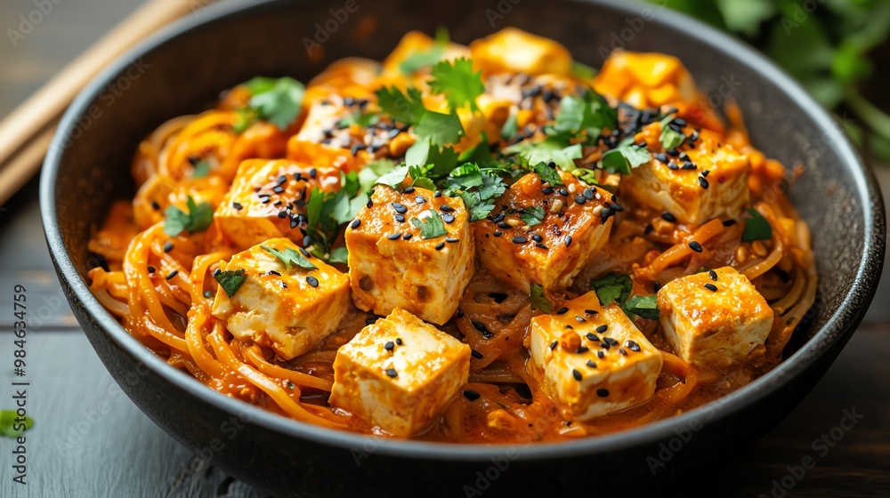 Spicy tofu ramen with fresh cilantro garnish. Spicy tofu ramen with fresh cilantro garnish.