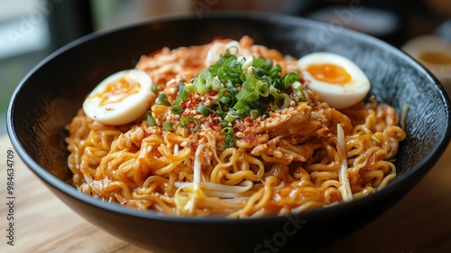 Spicy ramen noodles with soft boiled egg and green onions.