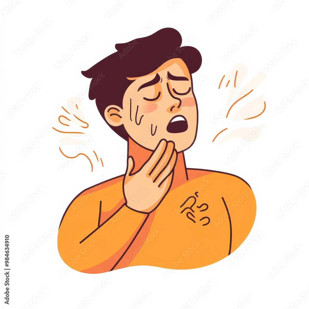 Fototapeta premium The illustration depicts a person with a pained expression, coughing and holding their chest. Motion lines convey the intensity of the cough in a clean vector style