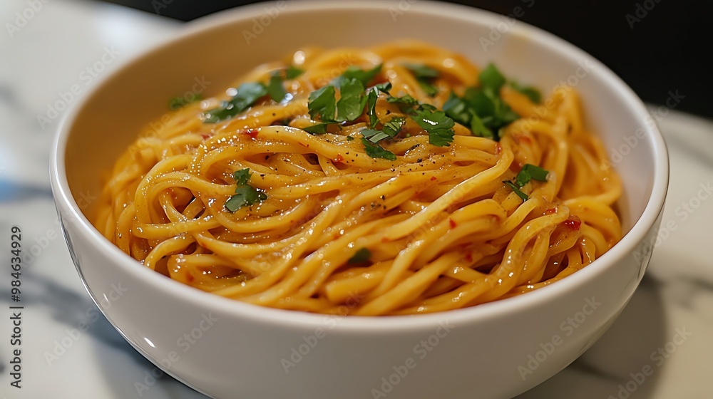 Closeup of a bowl of spicy spaghetti pasta with herbs. Closeup of a bowl of spicy spaghetti pasta with herbs.
