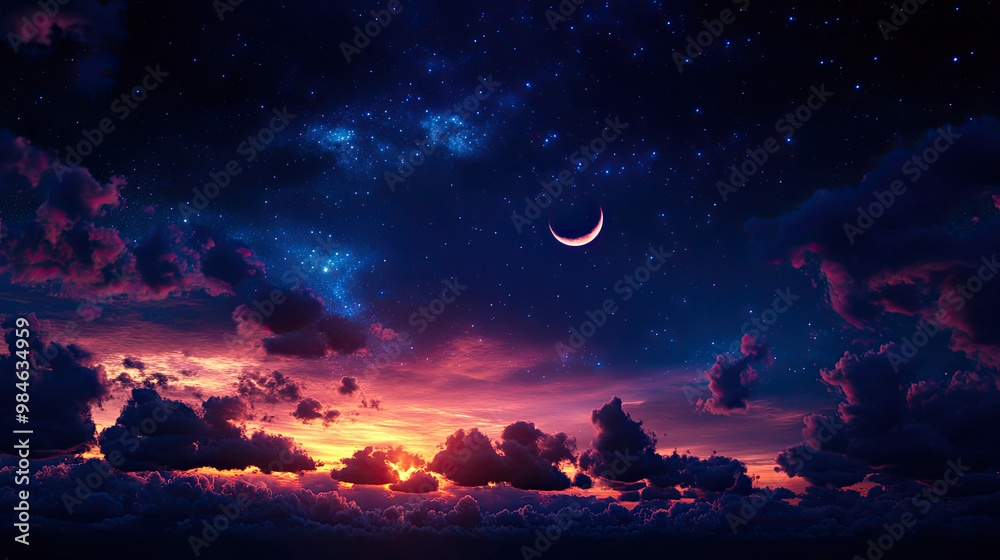 Stunning twilight sky with stars, moon, and vibrant colors over a serene horizon. Stunning twilight sky with stars, moon, and vibrant colors over a serene horizon.