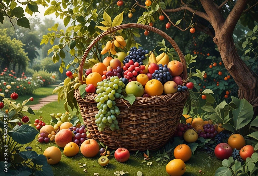 A large basket filled with various colorful fruits, placed in a lush, green orchard with trees around A large basket filled with various colorful fruits, placed in a lush, green orchard with trees around