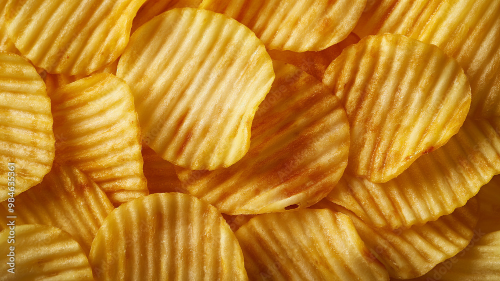 Close-up of golden, wavy potato chips, showing crispy texture and ridged pattern, perfect for snack backgrounds and food advertising. Close-up of golden, wavy potato chips, showing crispy texture and ridged pattern, perfect for snack backgrounds and food advertising.