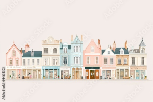 Whimsical illustration of colorful historic architecture and buildings in small town