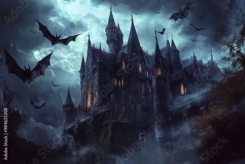 A gothic fantasy-style haunted castle with dark skies and flying bats at night Generative AI