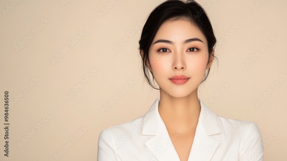 Confident Asian Woman in Elegant White Office Attire, Standing Against Neutral Background