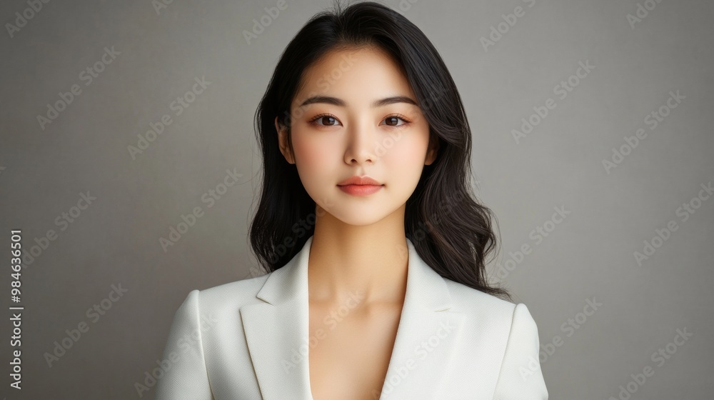 Confident Asian Woman in Elegant White Office Attire, Standing Against Neutral Background Confident Asian Woman in Elegant White Office Attire, Standing Against Neutral Background