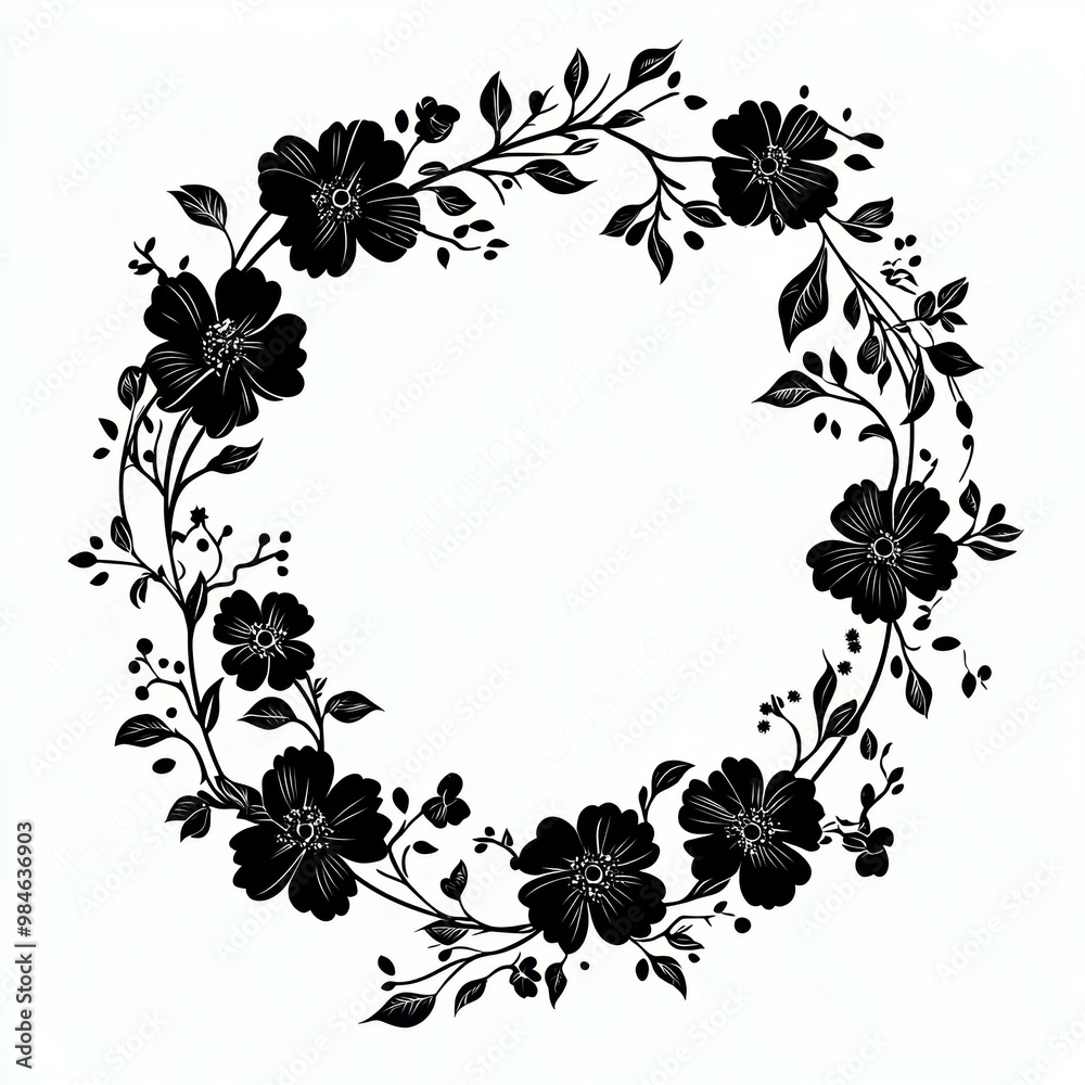 Elegant black and white floral wreath illustration, perfect for invitations, cards, logos, or as decorative elements, The intricate flowers and leaves create a sophisticated Elegant black and white floral wreath illustration, perfect for invitations, cards, logos, or as decorative elements, The intricate flowers and leaves create a sophisticated