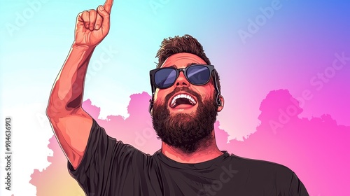 A joyful man with sunglasses celebrates with enthusiasm, set against a vibrant and colorful background. photo