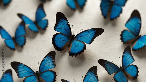 Vibrant blue butterflies on a white background. photo