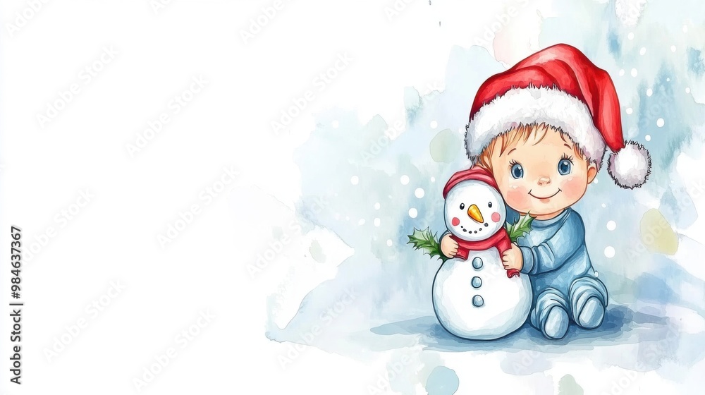 A joyful child in a Santa hat plays with a snowman during a snowy winter day, capturing the spirit of the holiday season A joyful child in a Santa hat plays with a snowman during a snowy winter day, capturing the spirit of the holiday season