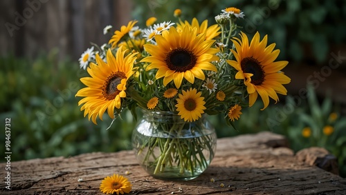 Vibrant bouquet of wildflowers like sunflowers and daisies in an outdoor setting. photo