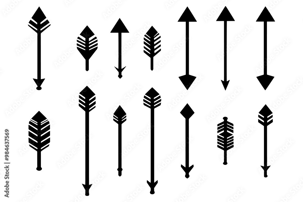 Collection of Minimalist Black Arrow Icons in Various Directions and Styles, Including Single Arrows, Double Arrows, and Upward Arrows for Navigation and Design Use.

