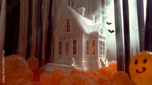 Spooky House Surrounded by Orange Bubbles and Bats photo