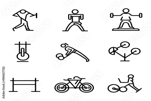 Wallpaper Mural Set of Minimalist Fitness and Exercise Icons Featuring Weightlifting, Cycling, CrossFit, Resistance Training, and Gym Equipment for Health and Workout Designs.

 Torontodigital.ca