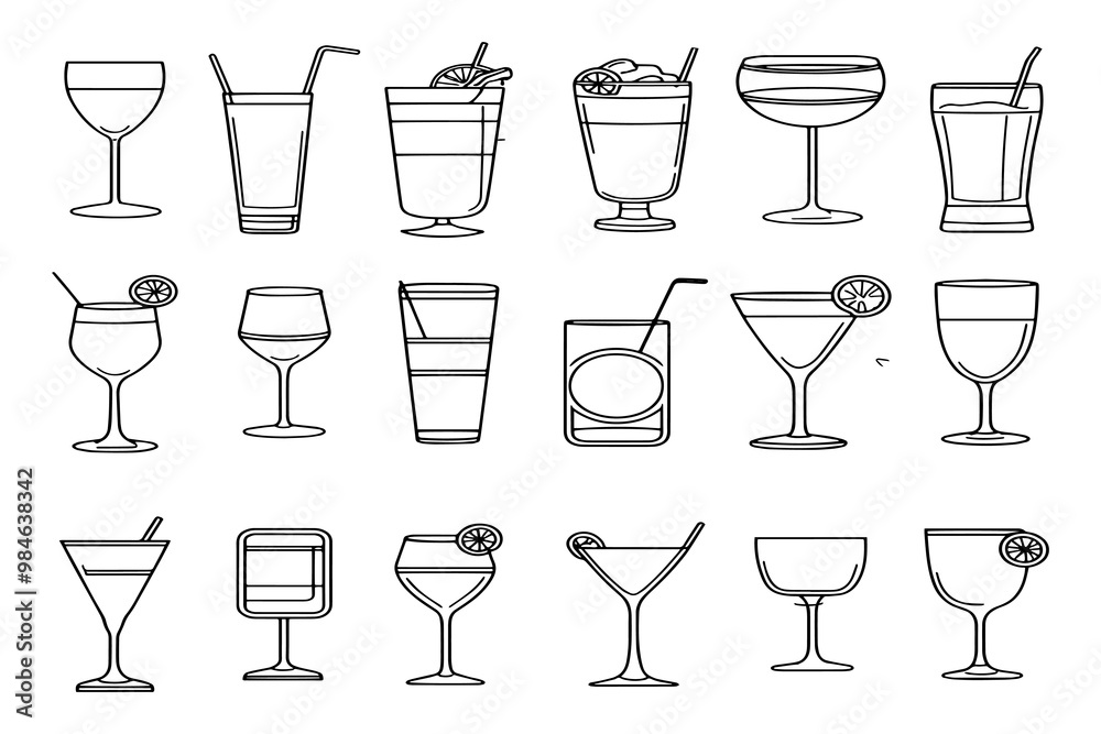 Line Art Collection of Cocktail Glasses Featuring Wine Glasses, Martini Glasses, Highball Glasses, and Tumbler Icons for Minimalist Bar and Beverage Design.
Line Art Collection of Cocktail Glasses Featuring Wine Glasses, Martini Glasses, Highball Glasses, and Tumbler Icons for Minimalist Bar and Beverage Design.