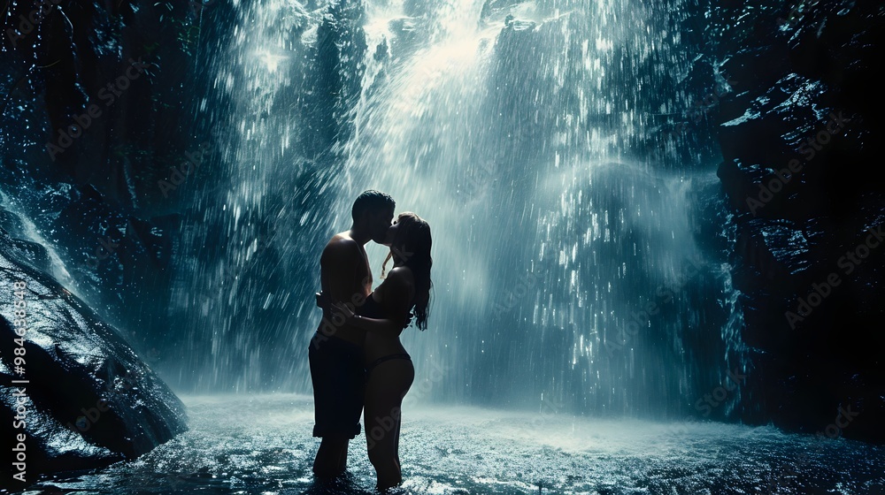 Fototapeta premium Passionate Embrace Under Cascading Waterfall Symbolizing Intense Love
