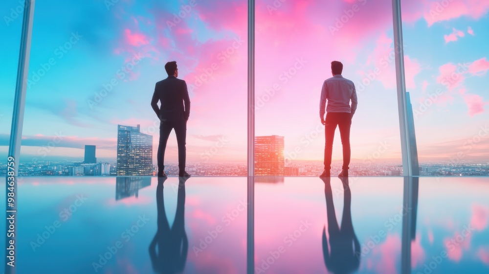 A mentor and mentee, both with diverse backgrounds, stand by a window ...