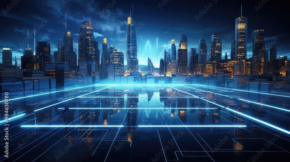 Futuristic cityscape with glowing blue lines and skyscrapers in the background. Futuristic cityscape with glowing blue lines and skyscrapers in the background.