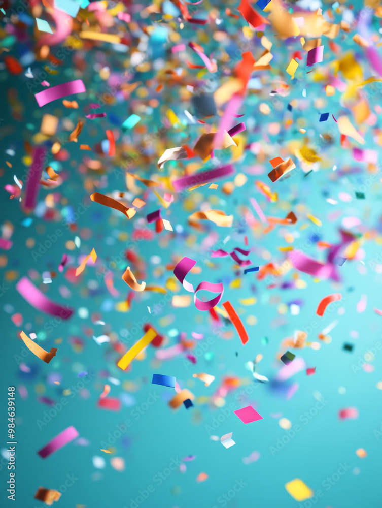 Colorful confetti falls against vibrant blue background, creating festive atmosphere. This lively scene captures joy and excitement of celebrations, perfect for party themes Colorful confetti falls against vibrant blue background, creating festive atmosphere. This lively scene captures joy and excitement of celebrations, perfect for party themes