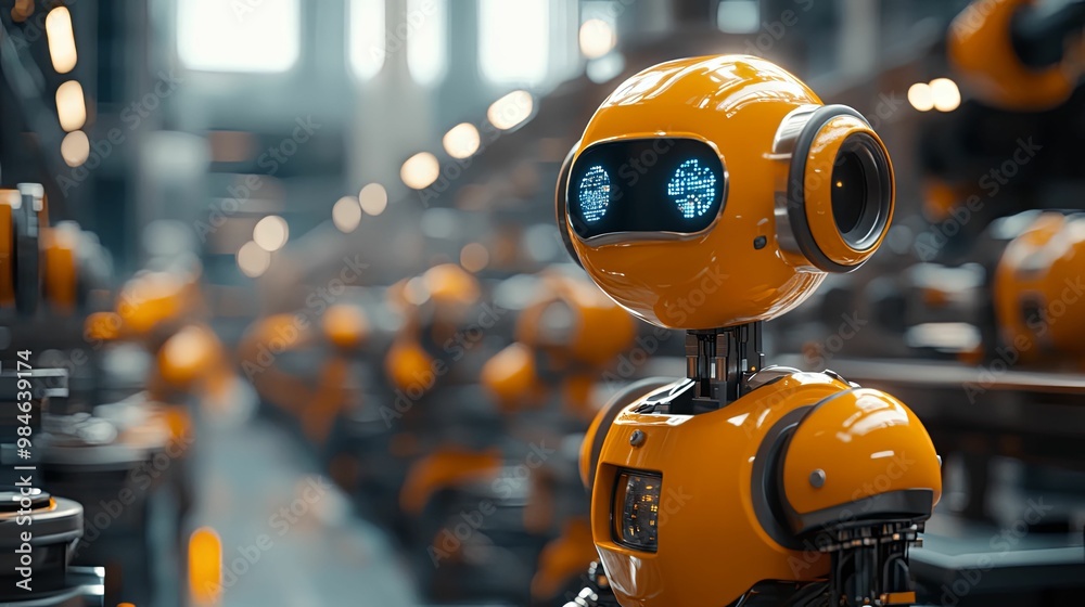 A Close-Up of a Yellow Robot in a Factory Setting A Close-Up of a Yellow Robot in a Factory Setting