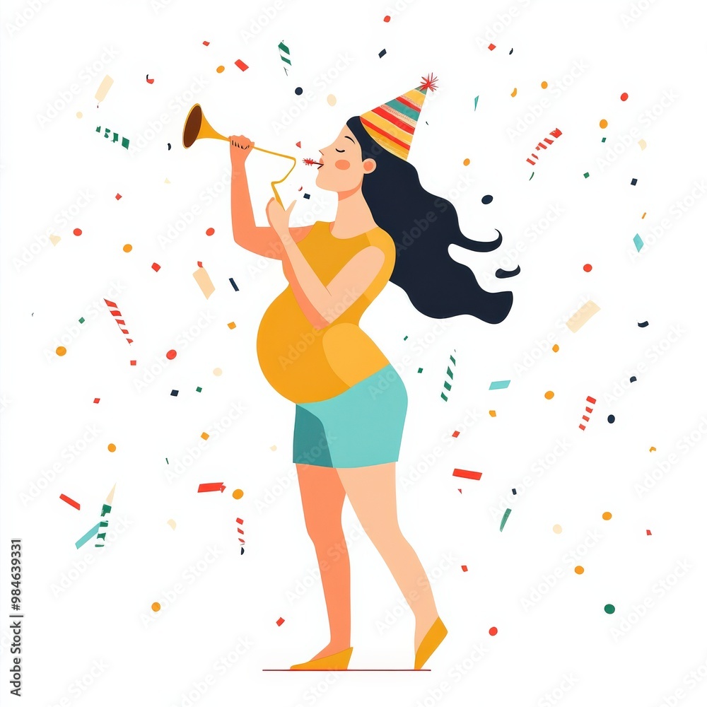 A joyful pregnant woman wears a festive party hat and blows a party horn while celebrating New Year's Eve, surrounded by colorful confetti against a white background A joyful pregnant woman wears a festive party hat and blows a party horn while celebrating New Year's Eve, surrounded by colorful confetti against a white background