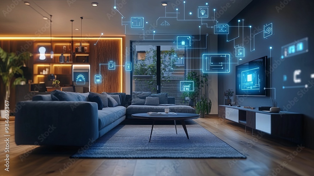 A Modern Living Room with Smart Home Technology Interface A Modern Living Room with Smart Home Technology Interface