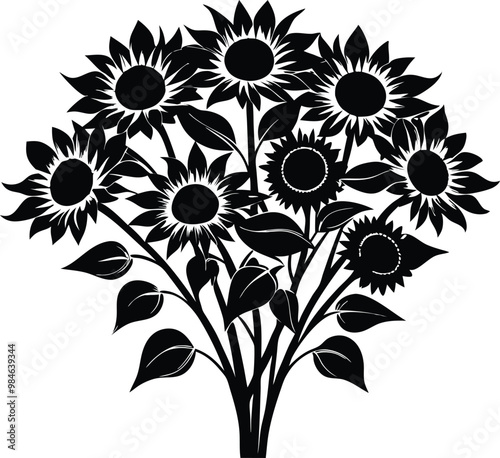 Sunflower Bouquet Silhouette Vector.