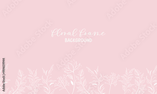 Botanical wedding invitation card template design, flowers line art ink drawing background.
