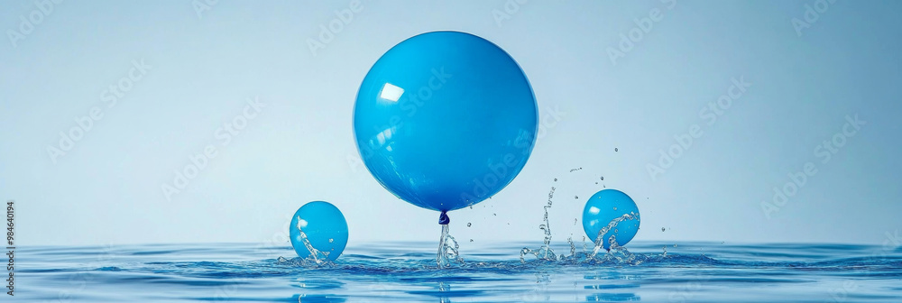 A vibrant blue balloon creates splash as it interacts with water, showcasing playful moment of joy and excitement. scene captures beauty of color and movement in serene setting A vibrant blue balloon creates splash as it interacts with water, showcasing playful moment of joy and excitement. scene captures beauty of color and movement in serene setting