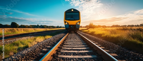 A bright yellow train approaches along railway tracks, surrounded by lush greenery and a vibrant sunset, capturing a classic transportation scene. photo