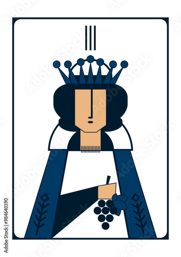 Simple vector geometric image of empress tarot card in the form of a crowned woman with a bunch of grapes in her hand in dark blue and white colours 