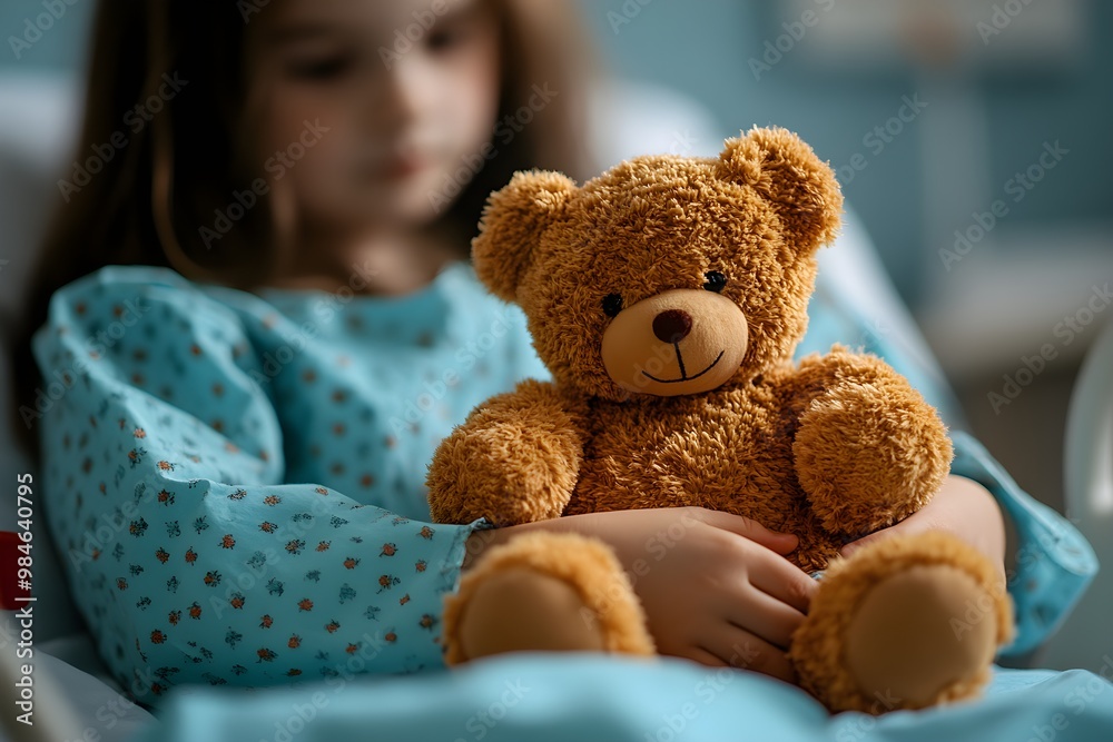 A young child in a hospital gown holds a soft, orange teddy bear, evoking a sense of comfort and companionship in a caring environment. A young child in a hospital gown holds a soft, orange teddy bear, evoking a sense of comfort and companionship in a caring environment.