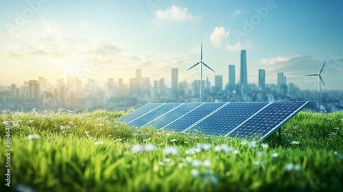 Solar Panels and Wind Turbines in a Green Field with a City Skyline in the Background