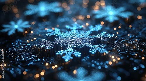 High-tech snowflakes combined with glowing circuit patterns, creating a futuristic winter theme in a blue digital landscape.
