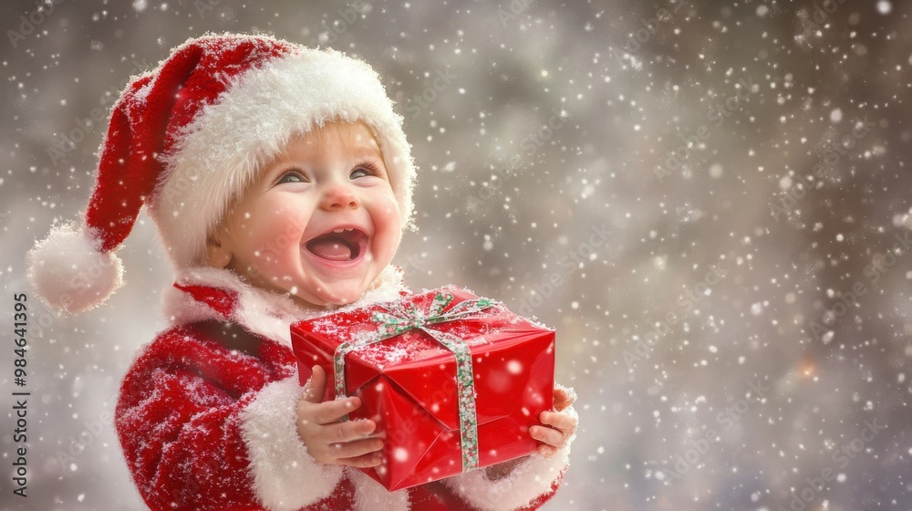 A cheerful toddler in a festive red outfit holds a gift while enjoying a snowy winter scene during the holiday season A cheerful toddler in a festive red outfit holds a gift while enjoying a snowy winter scene during the holiday season