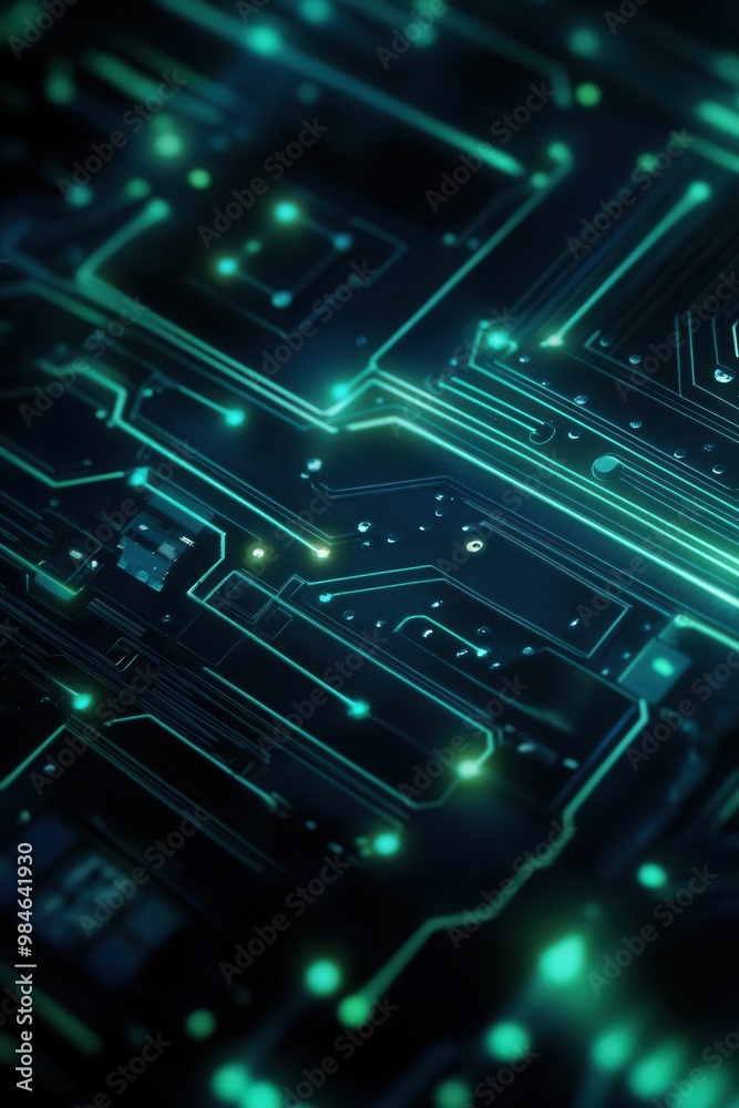 The abstract 3D illustration of a blue and green PCB background with glowing circuits and complex electronic components The detailed design creates a futuristic