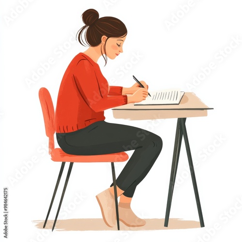 A pregnant woman sits at a desk, focused on writing her birth plan. Her thoughtful expression reflects her anticipation and preparation for motherhood