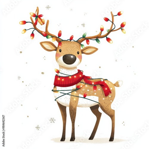 This playful reindeer features a vibrant red scarf and colorful Christmas lights wrapped around its antlers, perfect for spreading holiday cheer